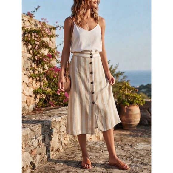 H&M Dresses & Skirts - H&M Skirt Linen Viscose Natural Fibers Stripe Neutral Classic Beauty Beachy